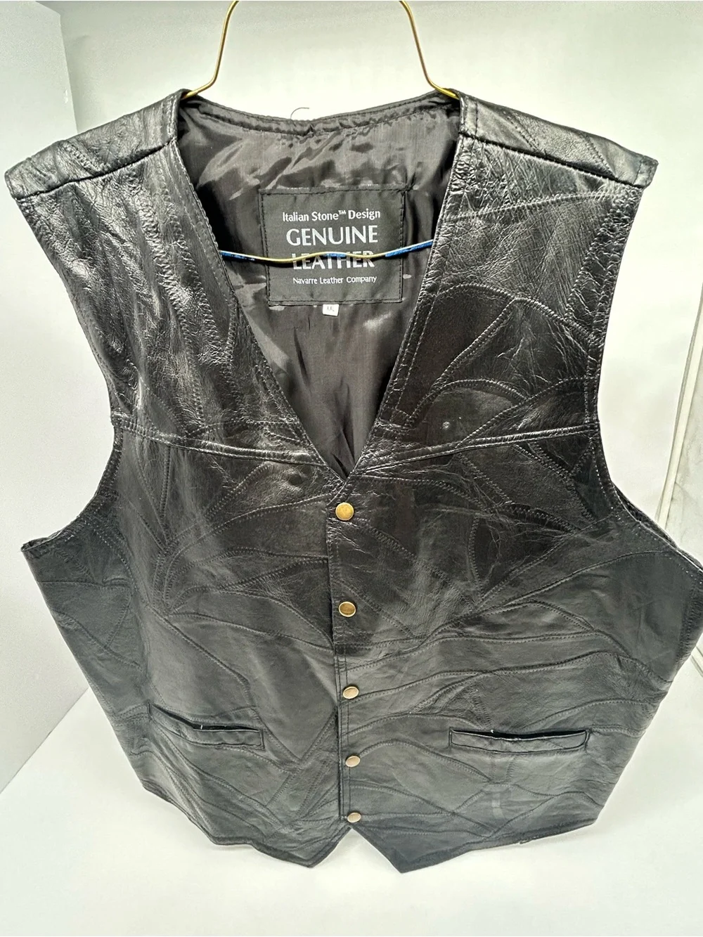 Vintage Giovanni Navarre Genuine Leather Italian Stone Design Black Vest 2XL